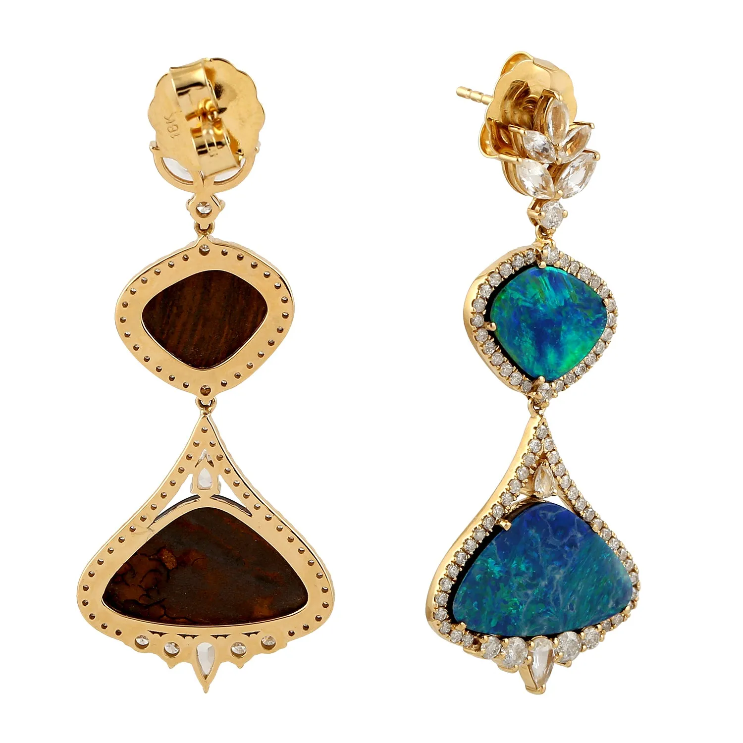 Opal Diamond Dangle Earrings 18K Yellow Gold Jewelry