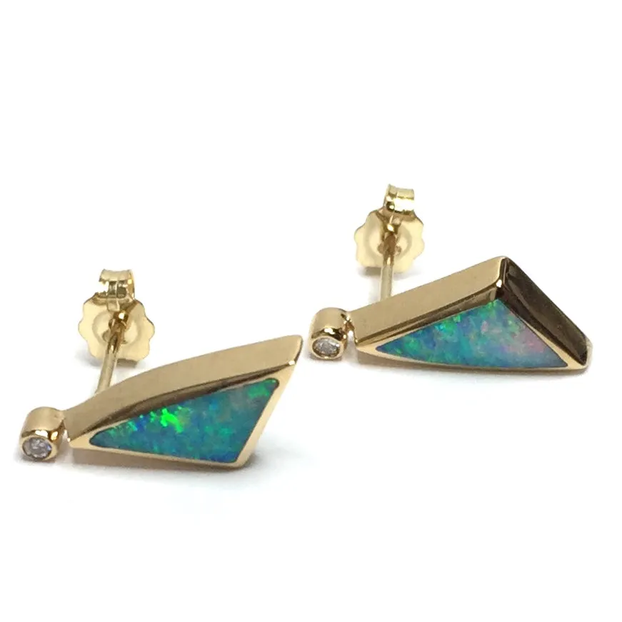 Opal Earrings Triangle Inlaid Design with .04ctw Round Diamonds