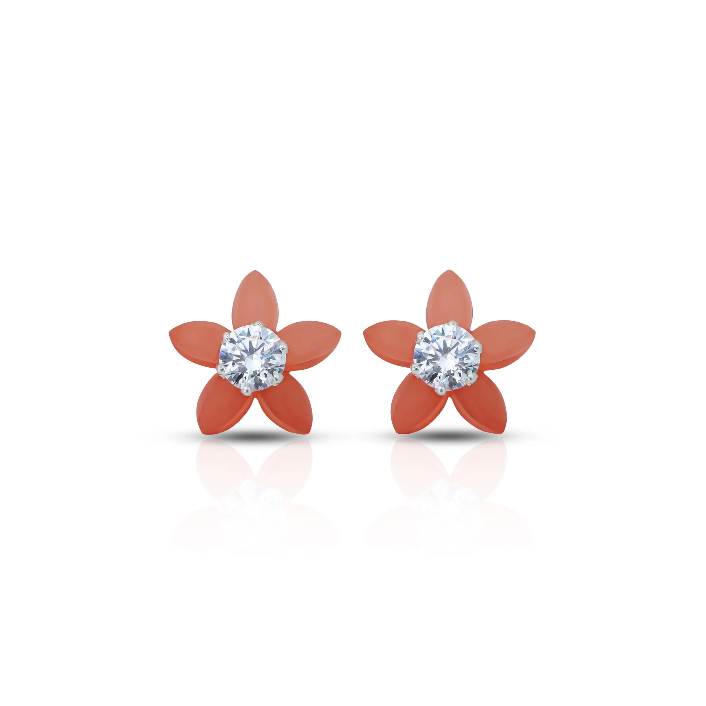 Orange Flower Silver Earrings with American Diamond Center