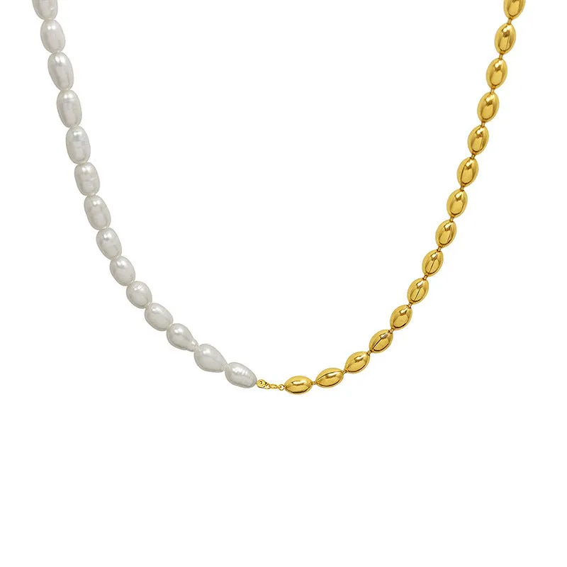 Oval Gold Beads Half Pearl Half Chain Necklace