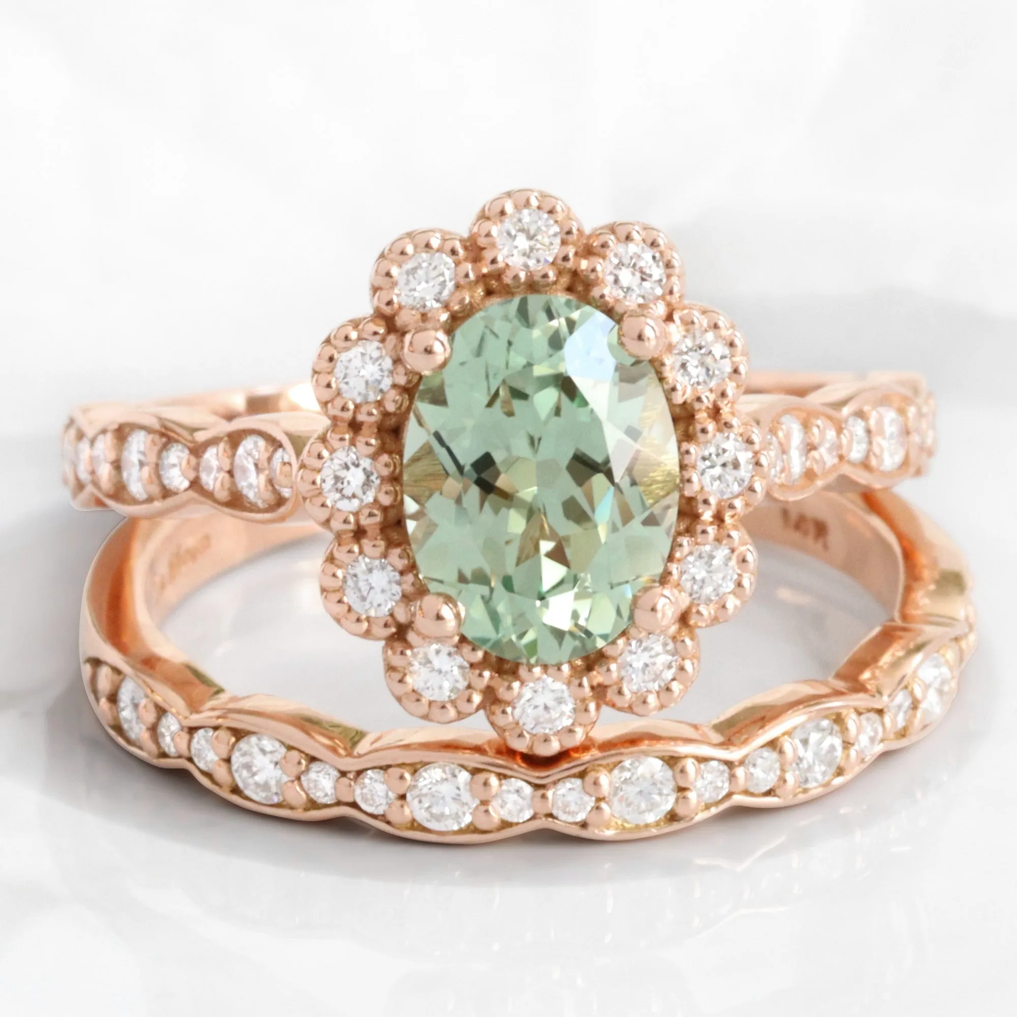 Oval Green Sapphire Ring Bridal Set w/ Matching Diamond Band in Vintage Luna Halo