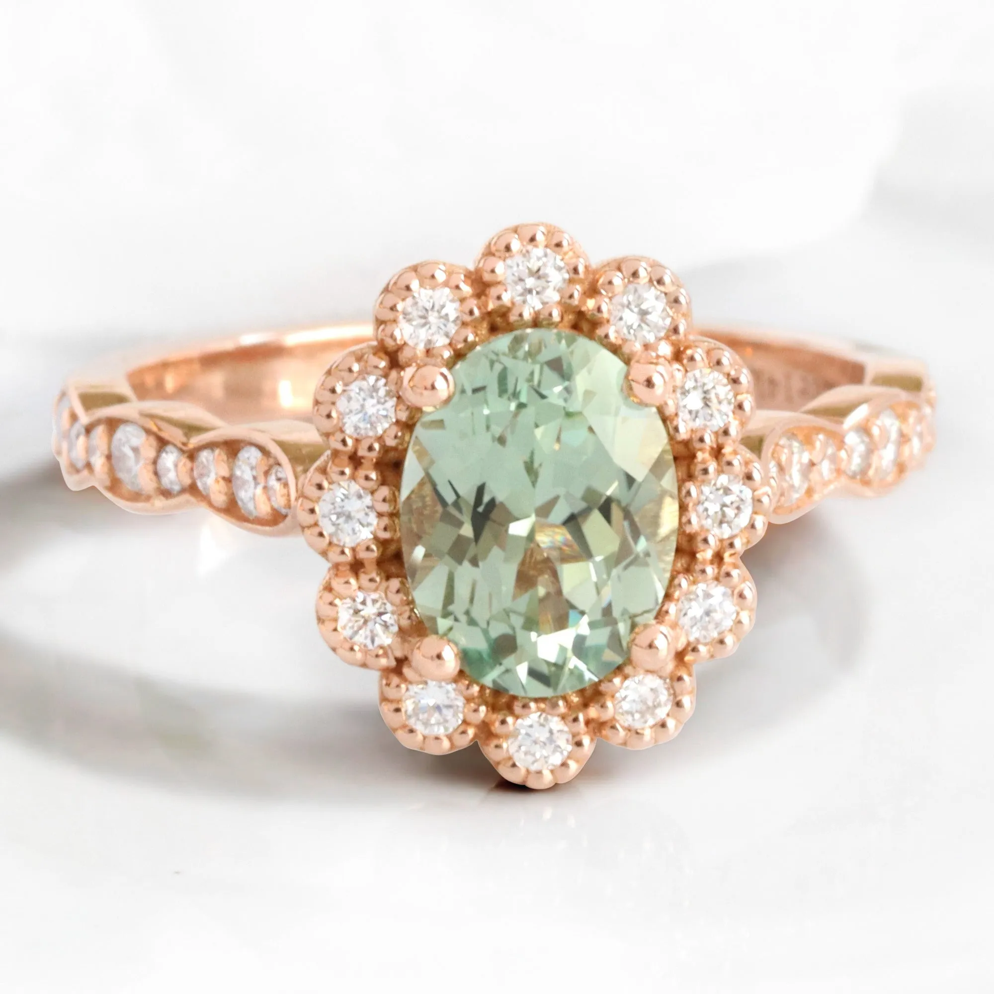 Oval Green Sapphire Ring Bridal Set w/ Matching Diamond Band in Vintage Luna Halo