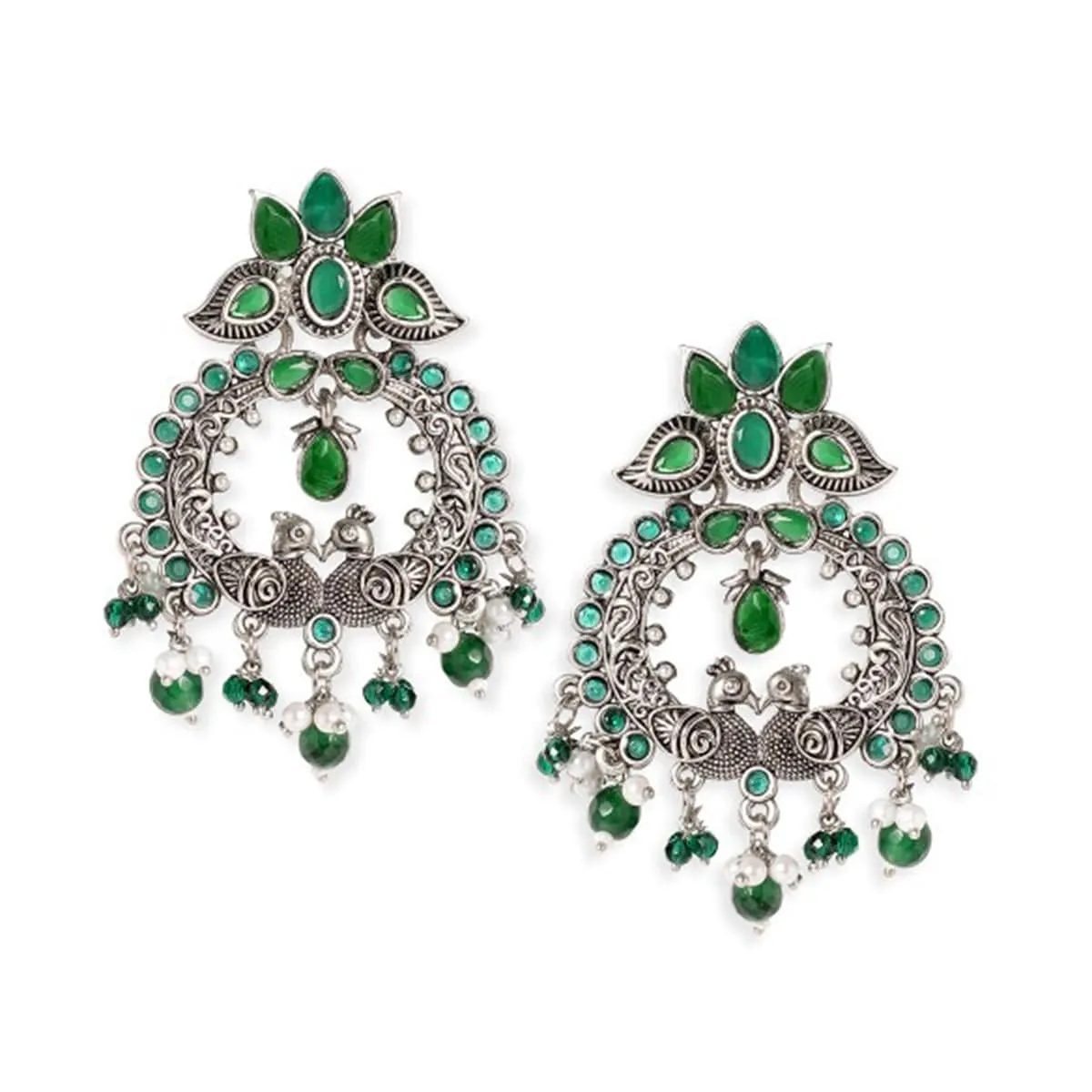 Oxidized Silver Emerald green stone studded pearl beaded statement earrings