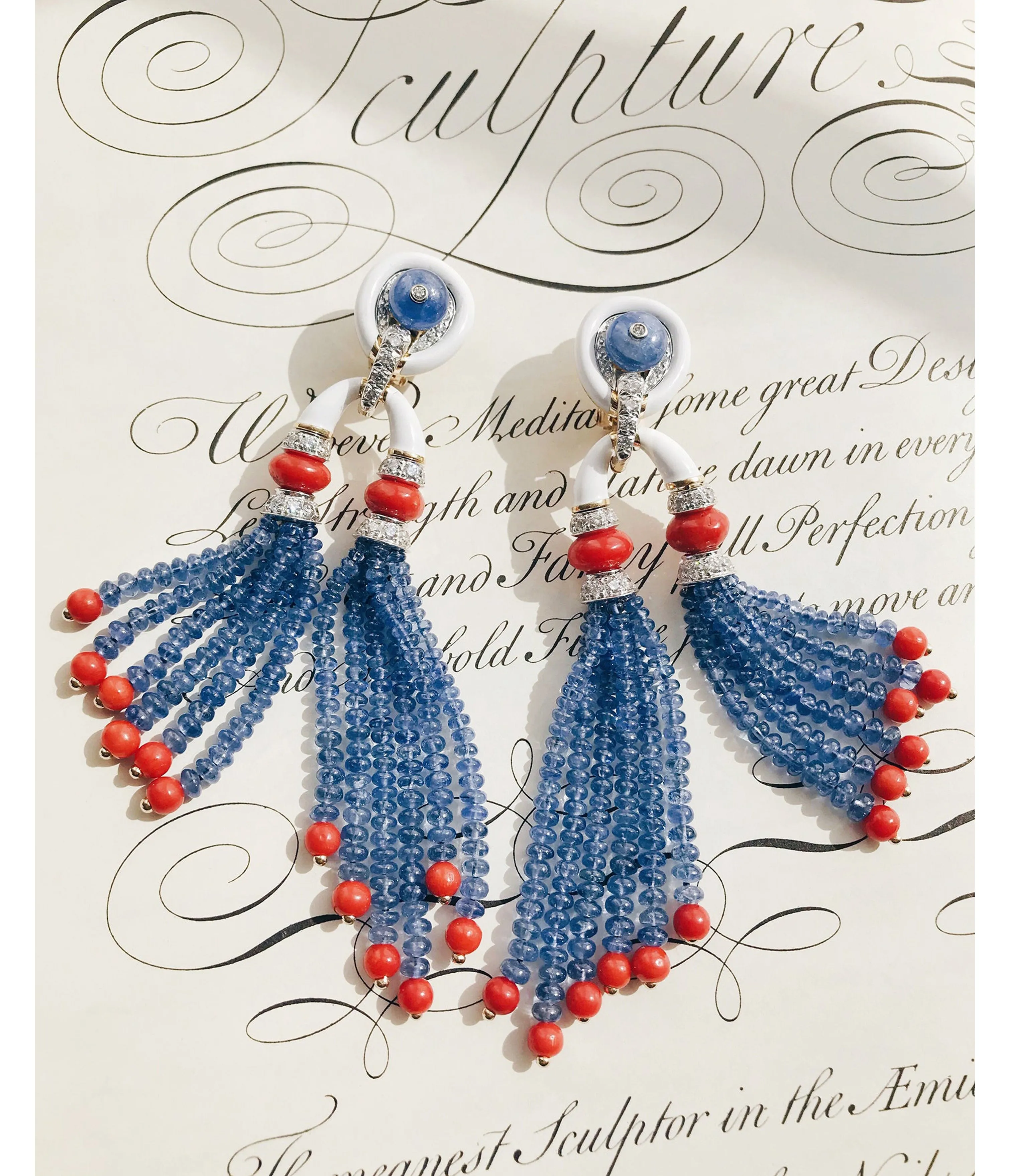 Pagoda Tassel Earrings with Diamonds, Coral and Sapphire Beads