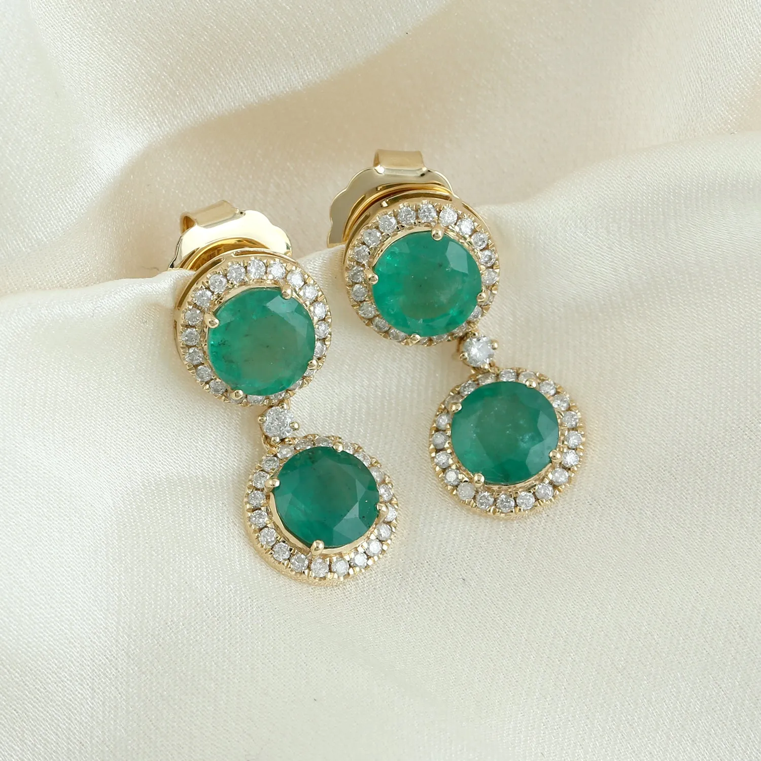 Pave Diamond Emerald Handmade 18k Yellow Gold Lightweight Danglers For Her