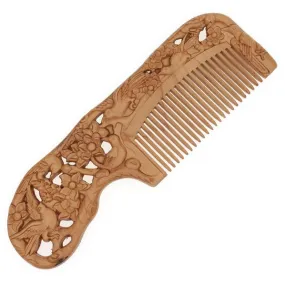 Peachwood Carved Magpie Birds and Flowers Seamless Hair Comb with Handle