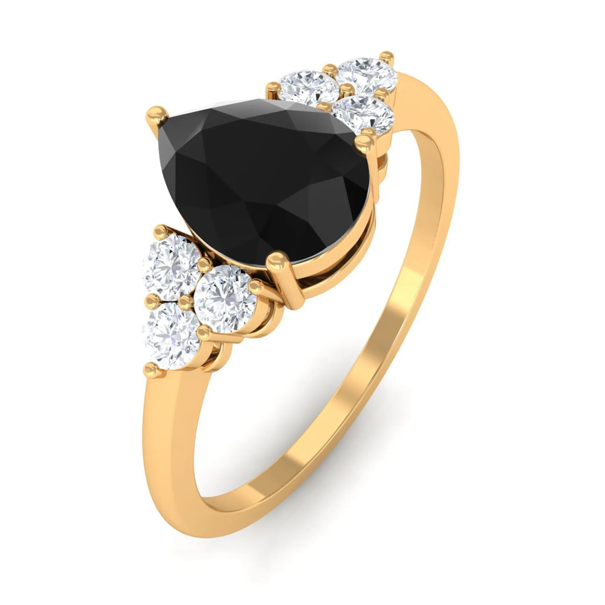 Pear Cut Created Black Diamond Solitaire Ring with Diamond Trio