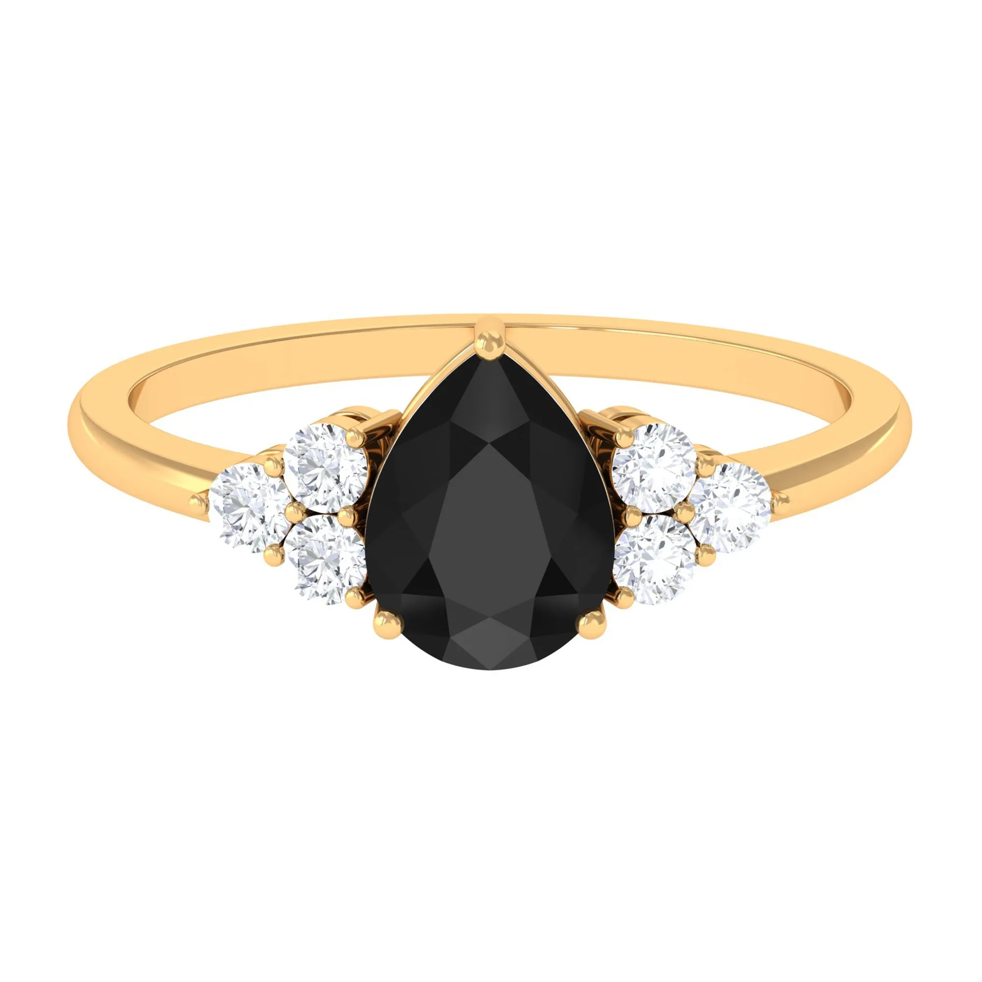 Pear Cut Created Black Diamond Solitaire Ring with Diamond Trio