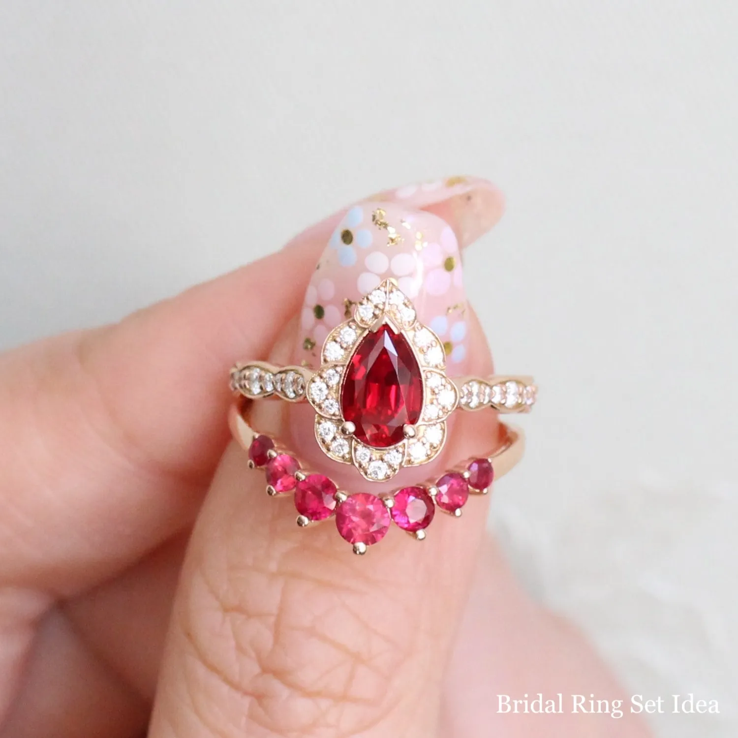 Pear Ruby Diamond Ring in Vintage Floral Scalloped Band