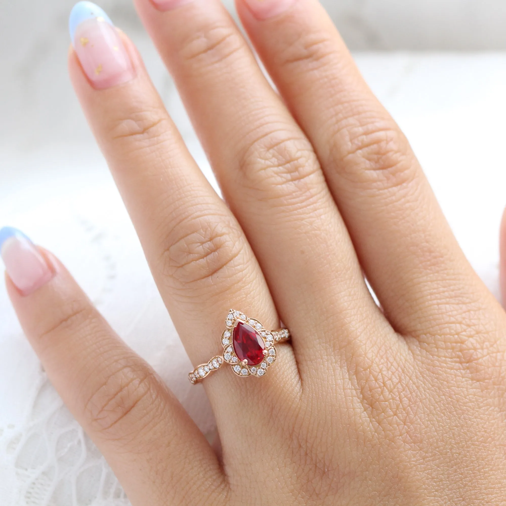 Pear Ruby Diamond Ring in Vintage Floral Scalloped Band