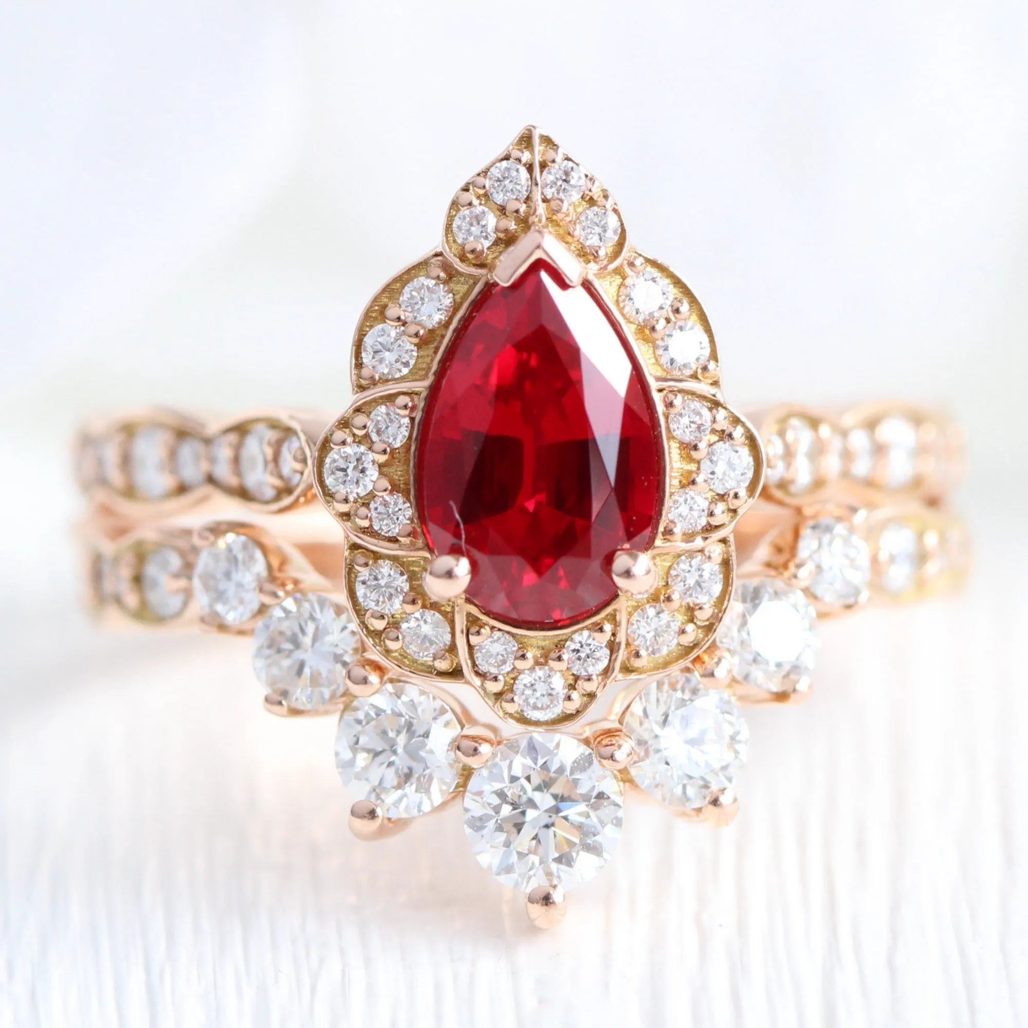 Pear Ruby Diamond Ring in Vintage Floral Scalloped Band