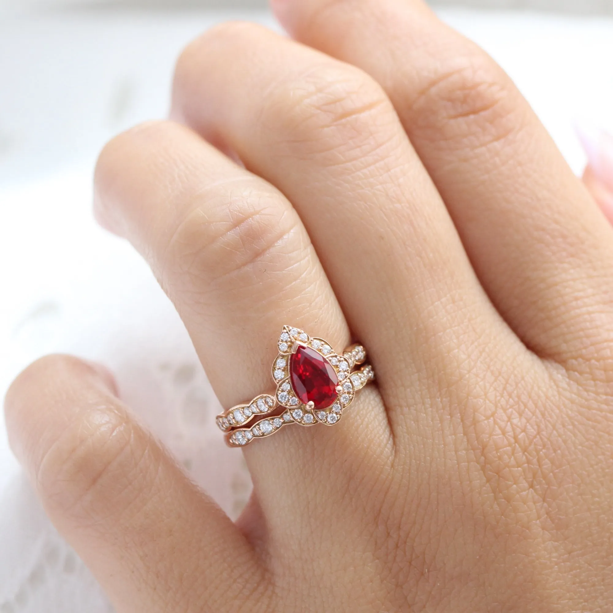 Pear Ruby Diamond Ring in Vintage Floral Scalloped Band