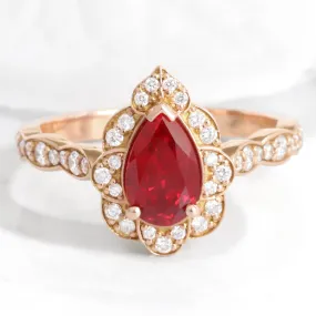 Pear Ruby Diamond Ring in Vintage Floral Scalloped Band