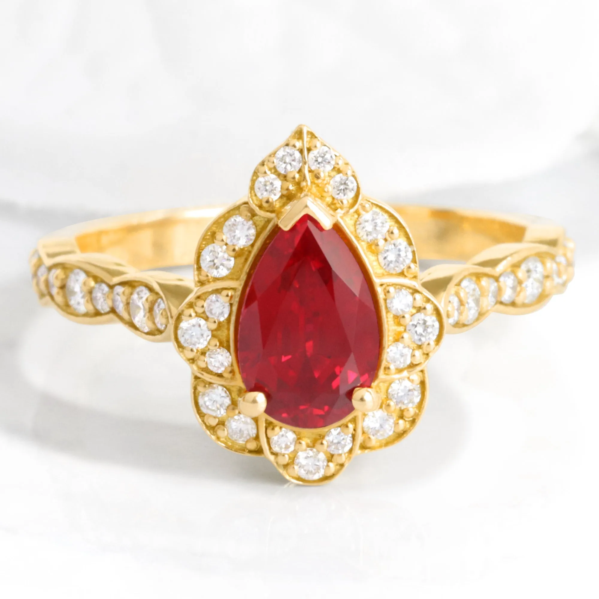 Pear Ruby Diamond Ring in Vintage Floral Scalloped Band