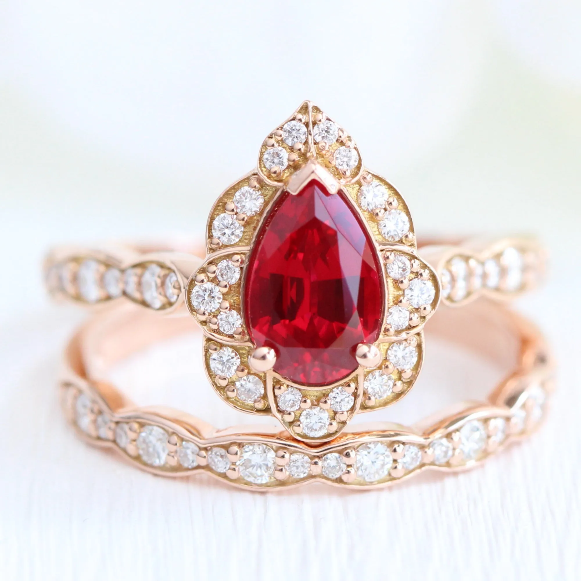 Pear Ruby Diamond Ring in Vintage Floral Scalloped Band