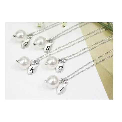 Pearl & Initial Silver Leaf Necklace