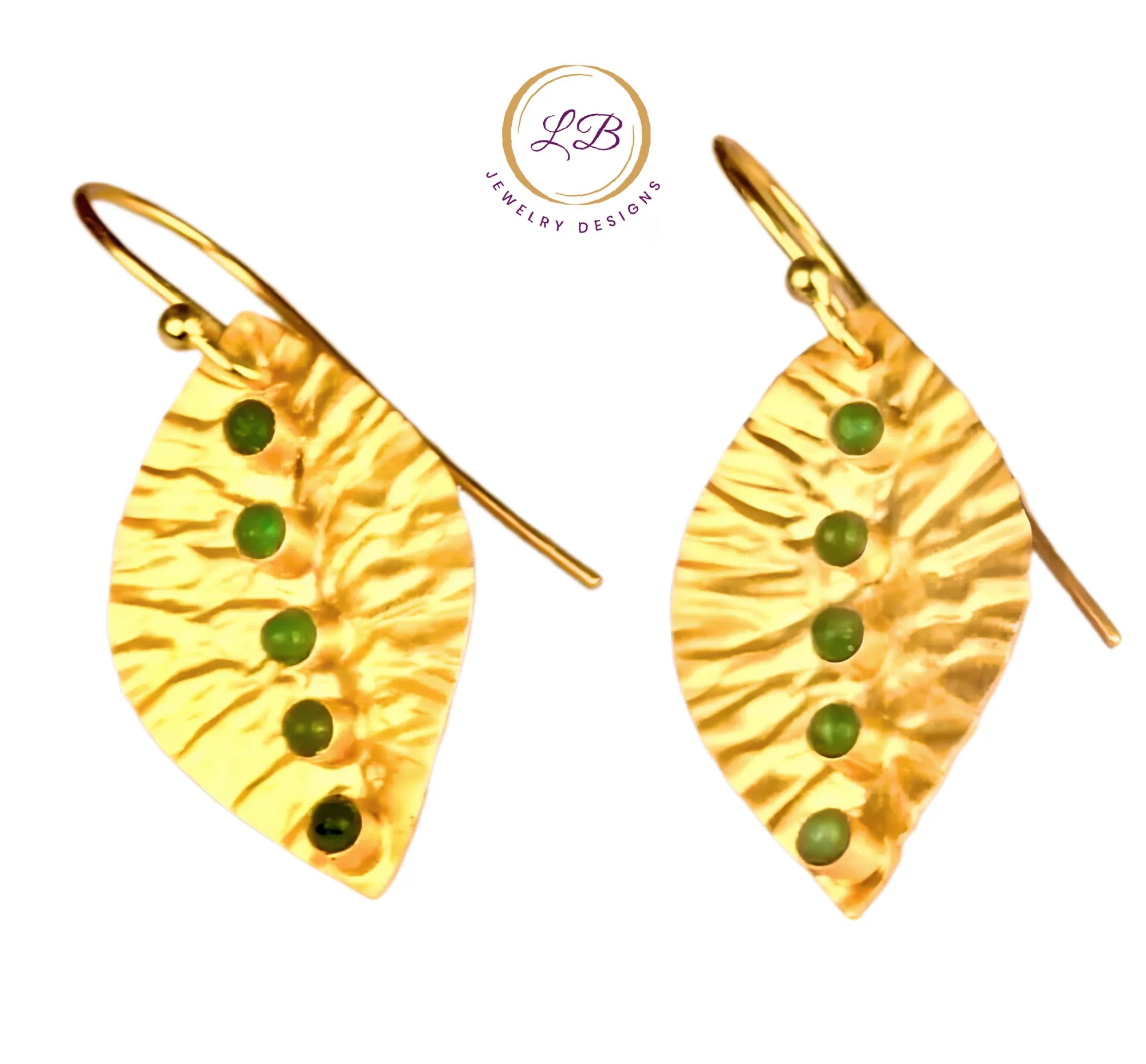 Petite 22k Gold Leaf Emerald Gemstone Earrings 1.0"