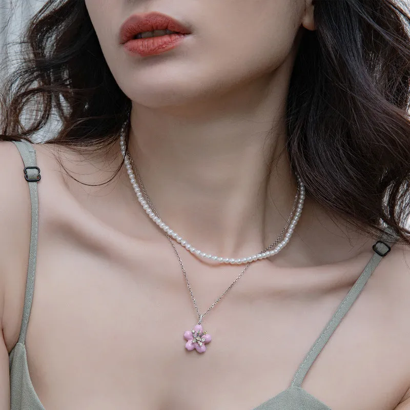 Pink Enamel Cherry Blossom Pearl Chain Double Layers Sterling Silver Necklace