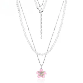 Pink Enamel Cherry Blossom Pearl Chain Double Layers Sterling Silver Necklace