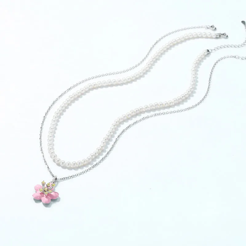 Pink Enamel Cherry Blossom Pearl Chain Double Layers Sterling Silver Necklace