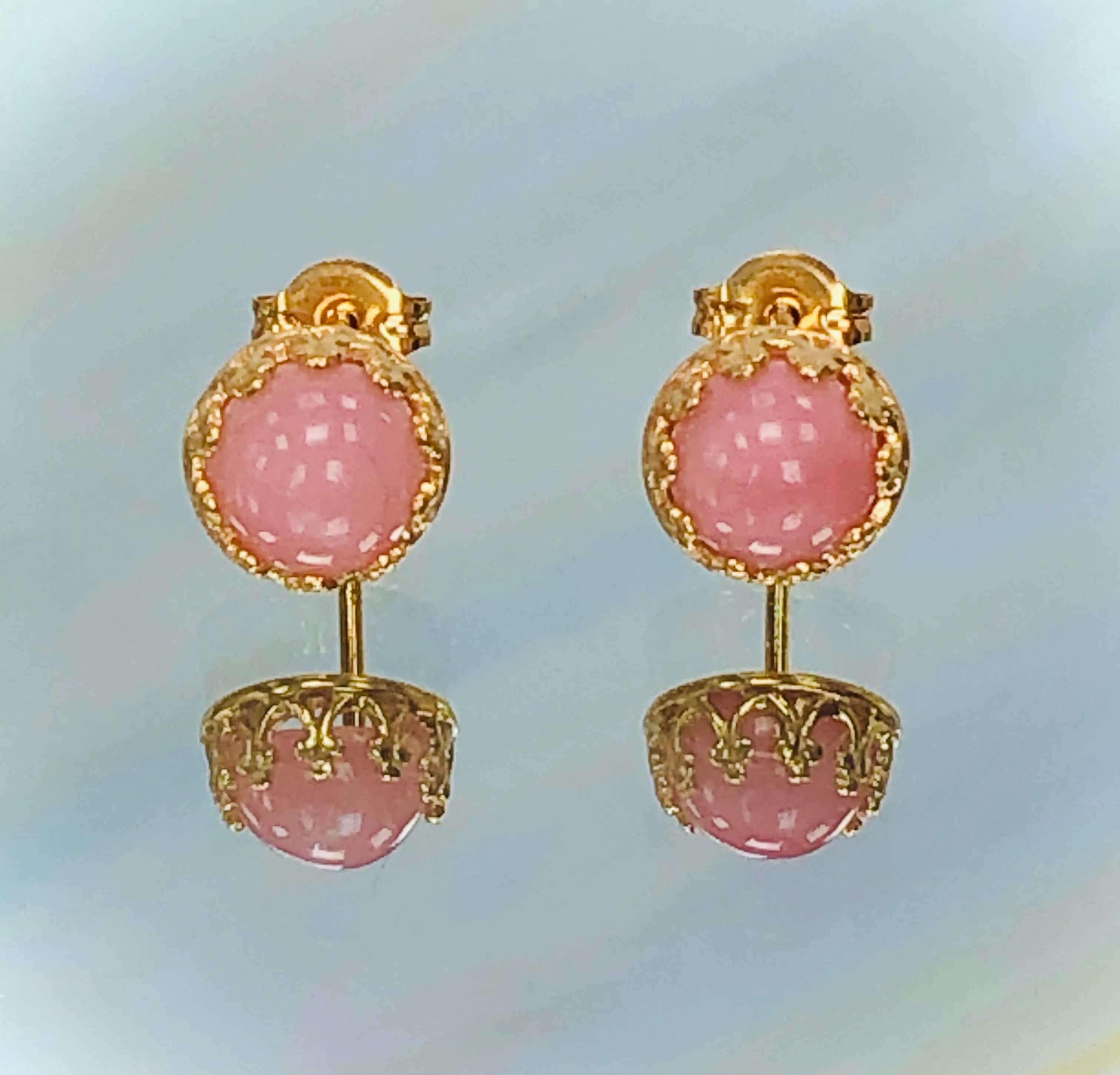 Pink Opal Stud Earrings, Dainty Pink Opal 22k Gold Post earrings, artisan jewelry