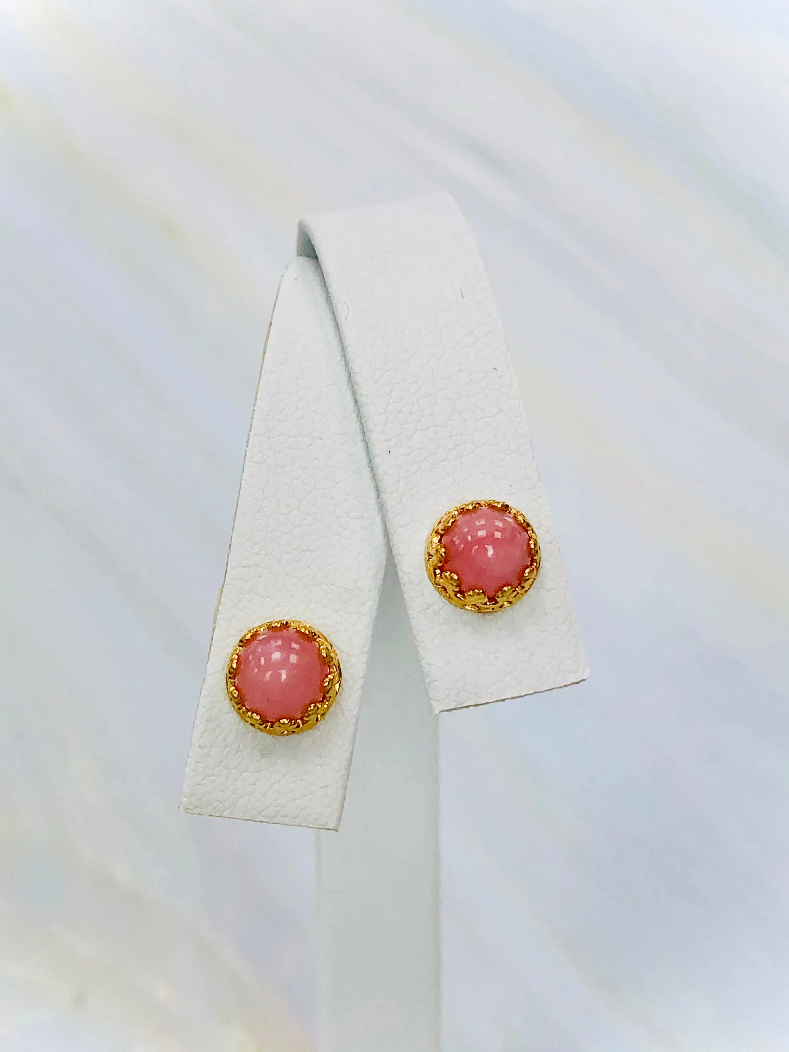 Pink Opal Stud Earrings, Dainty Pink Opal 22k Gold Post earrings, artisan jewelry