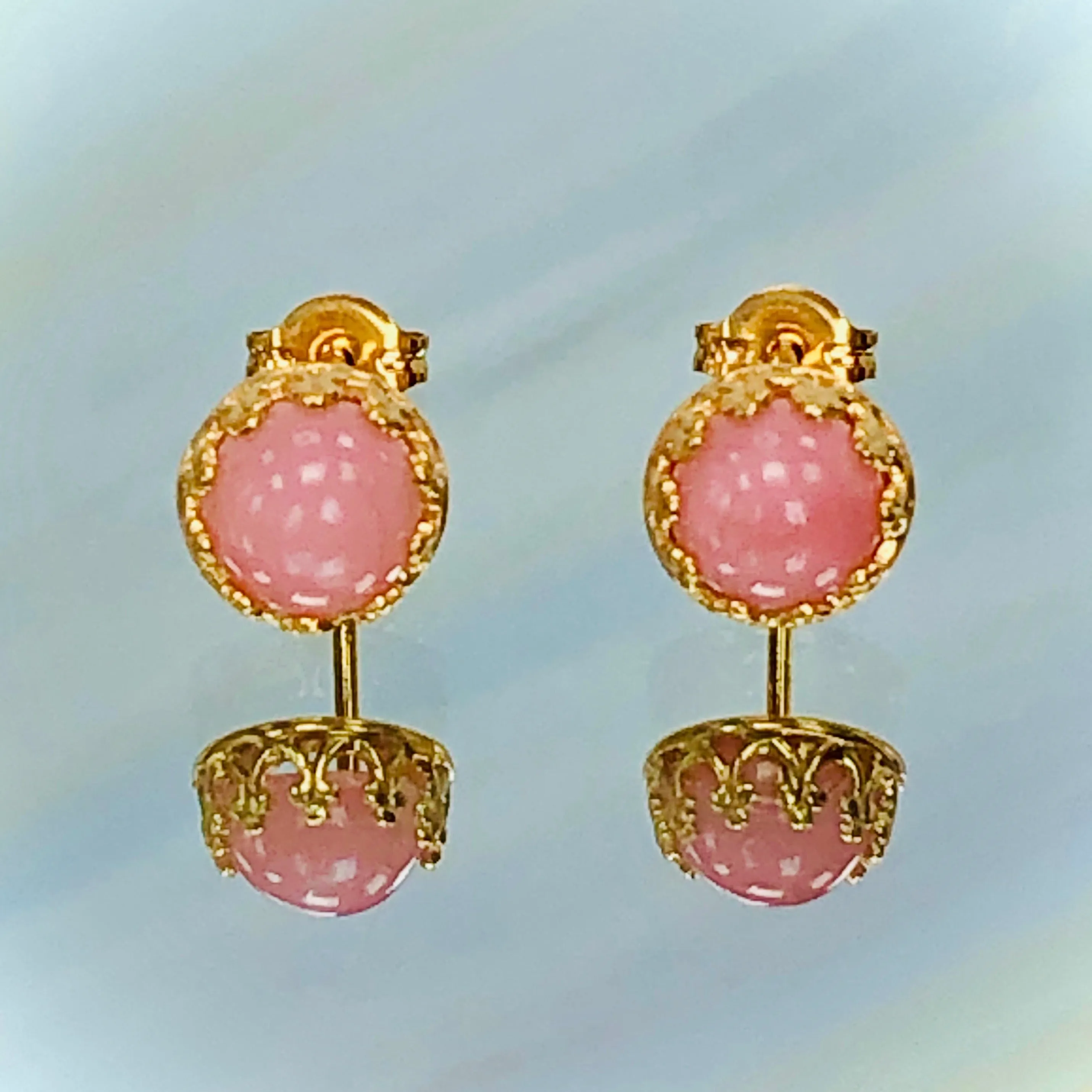 Pink Opal Stud Earrings, Dainty Pink Opal 22k Gold Post earrings, artisan jewelry