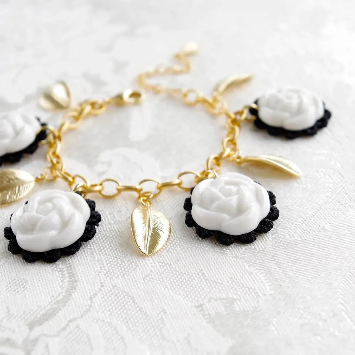 Porcelain Camellias and Golden Leaves Bracelet | POPORCELAIN Based in Denmark