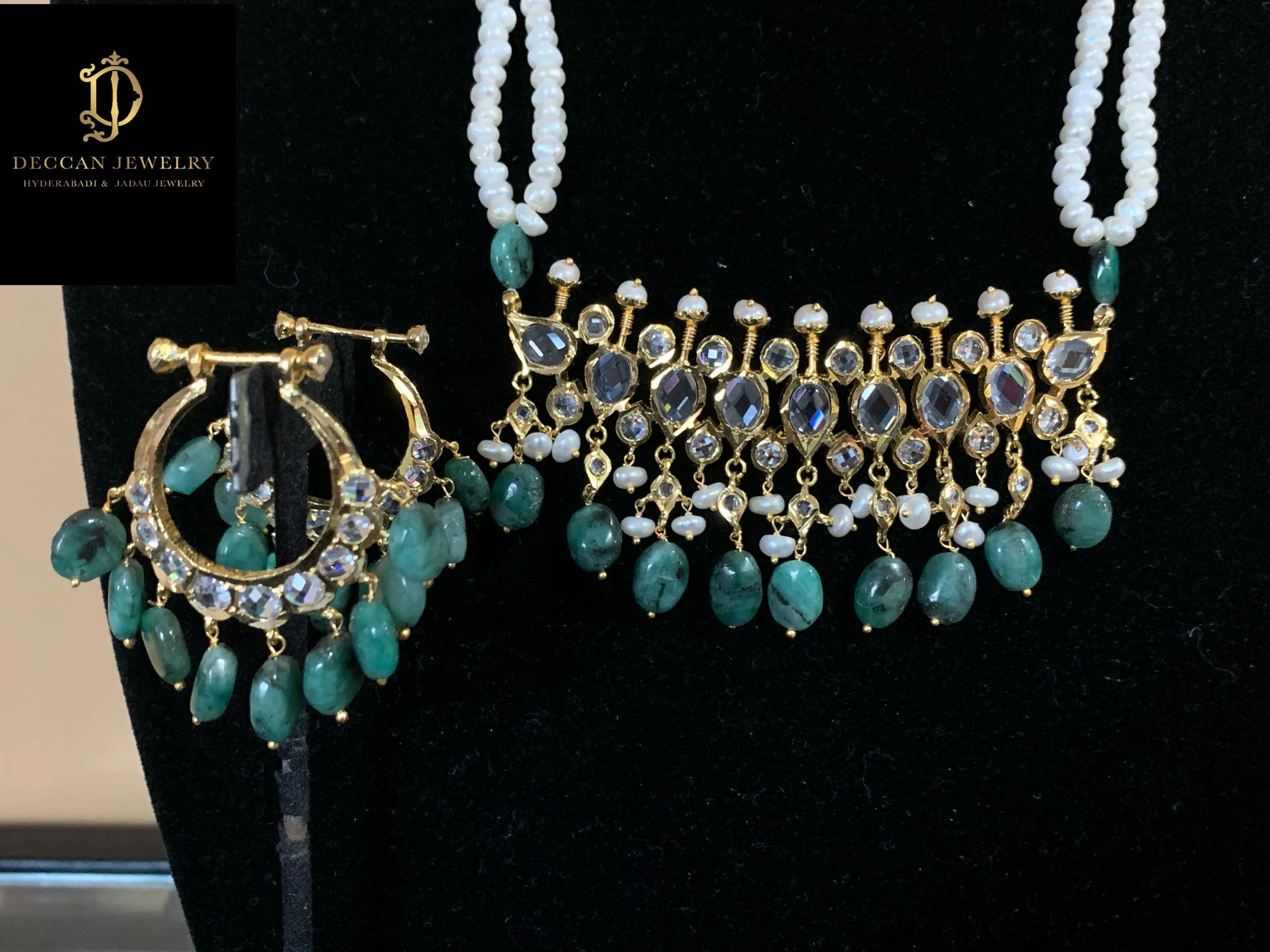 PS301 Tirmani in fresh water pearls and emerald beads ( READY TO SHIP )