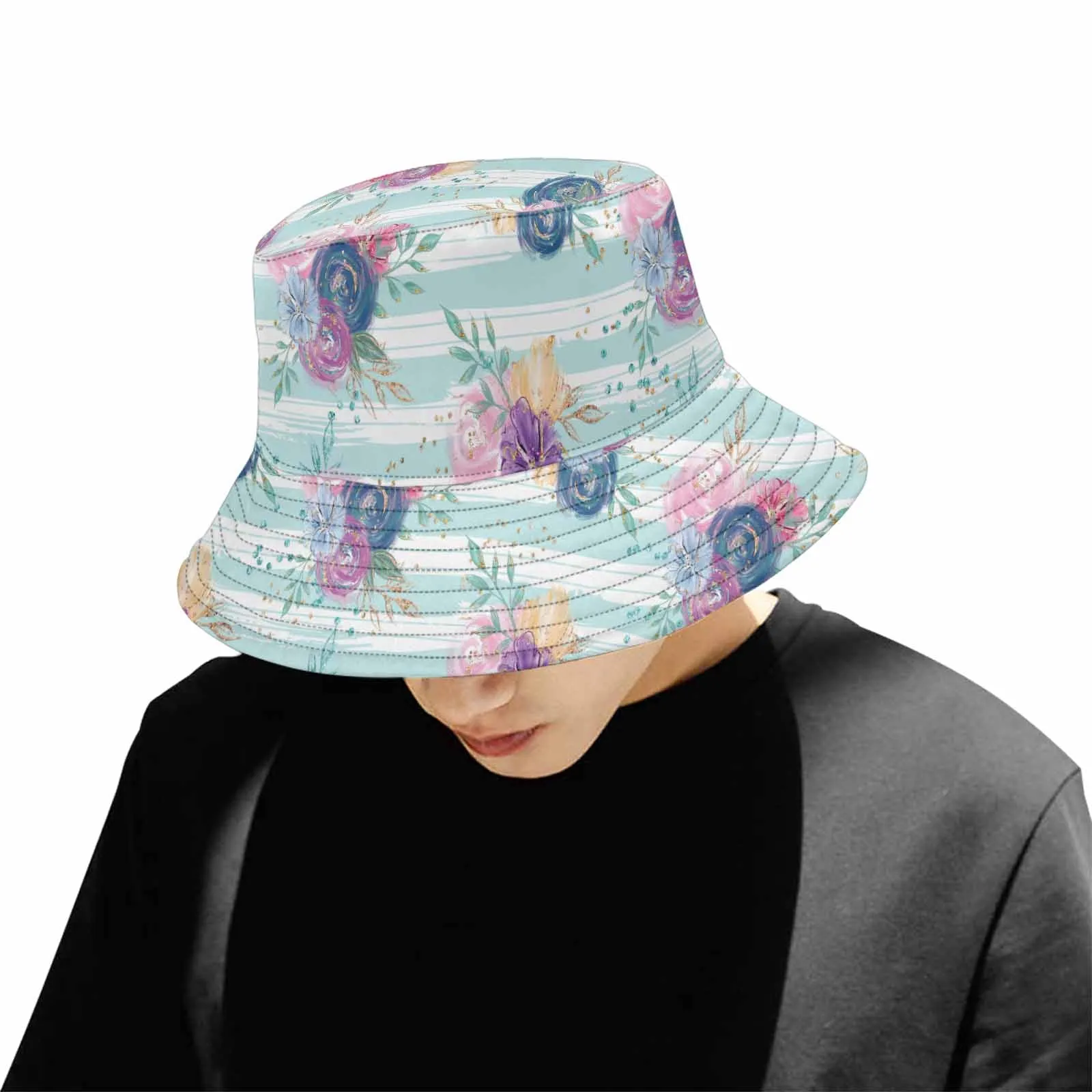 Purple and Pink floral Blue Stripes  Unisex Summer Single-Layer Bucket Hat