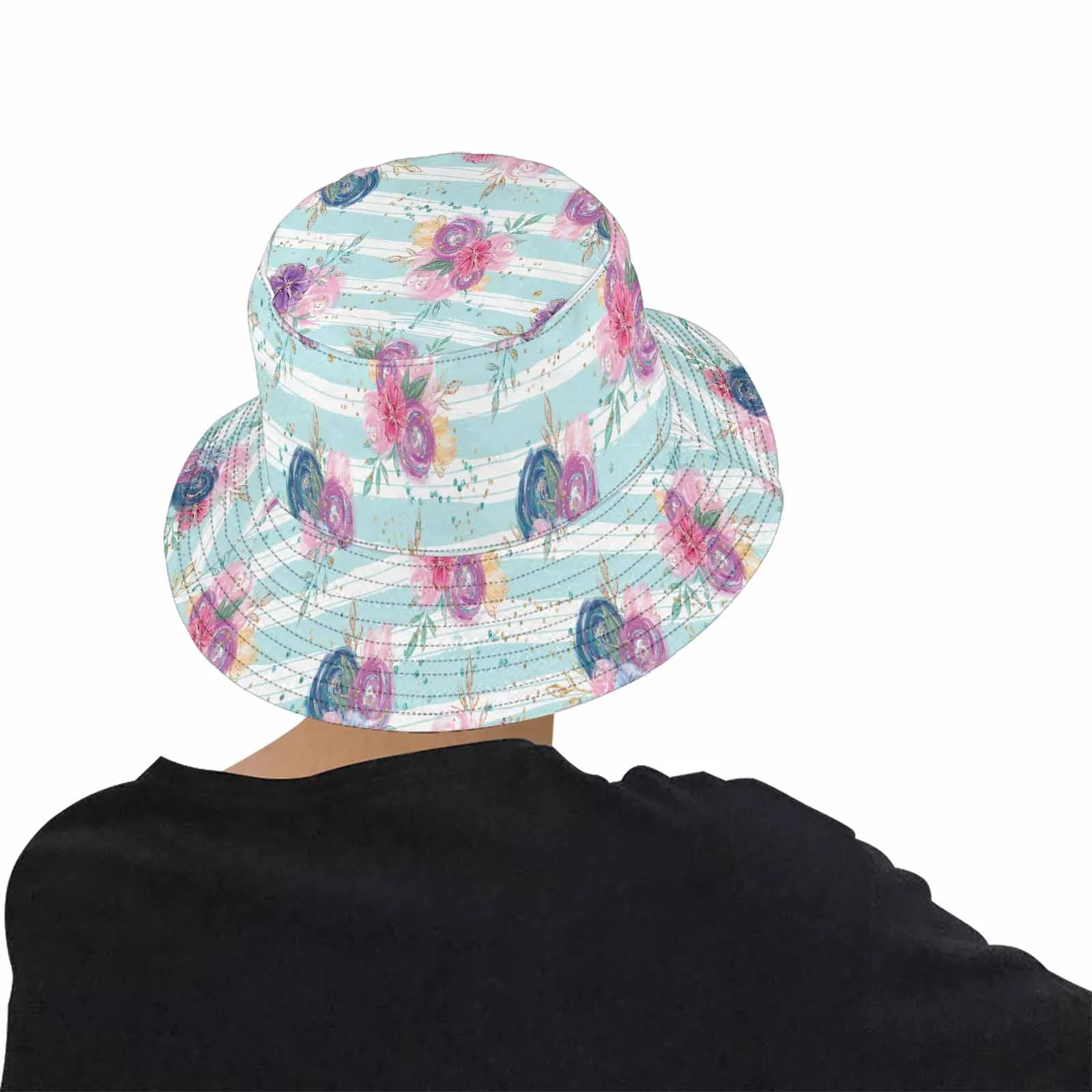 Purple and Pink floral Blue Stripes  Unisex Summer Single-Layer Bucket Hat