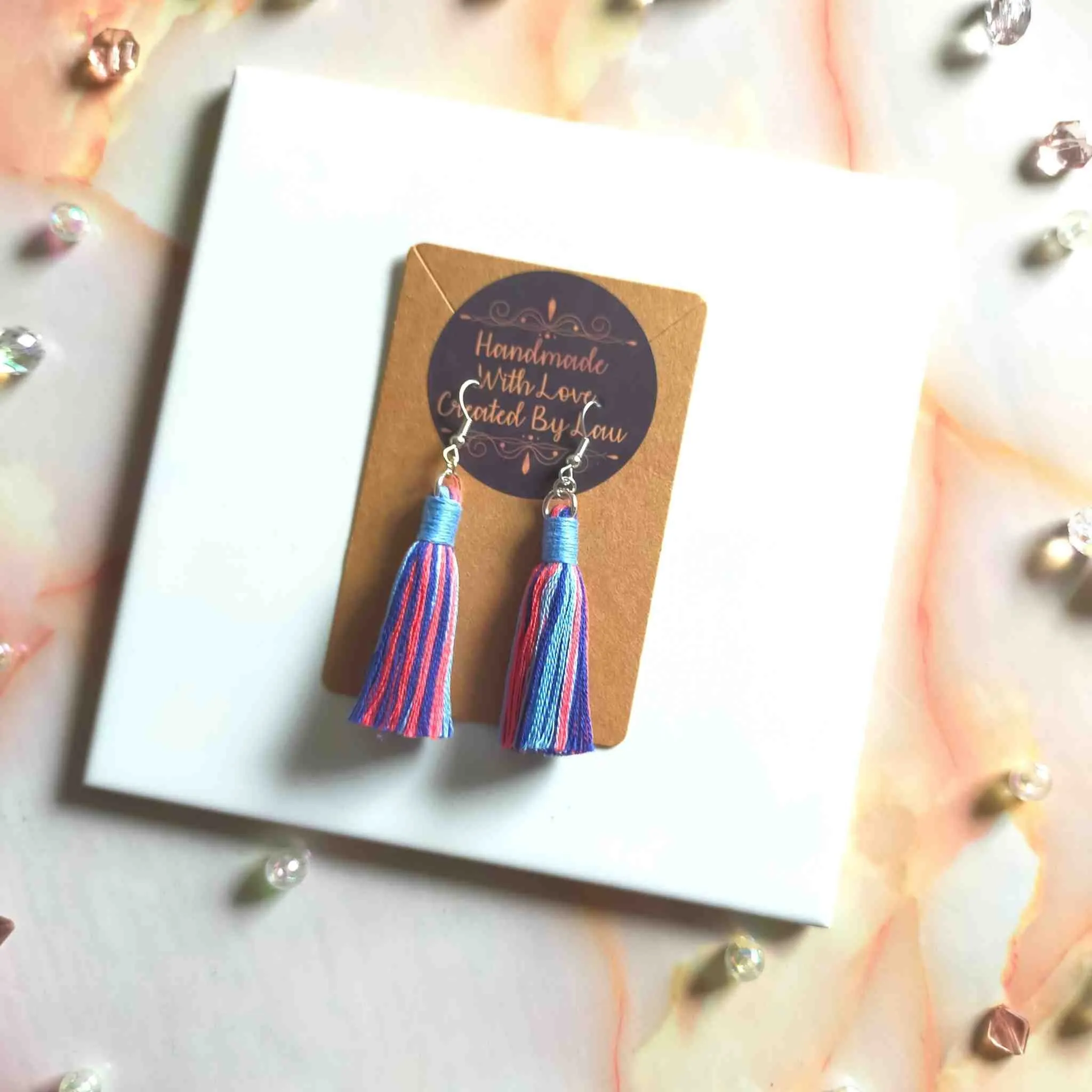 "Fallon Mini" Sky Blue Coral Mix Tassel Earrings Silver Plated