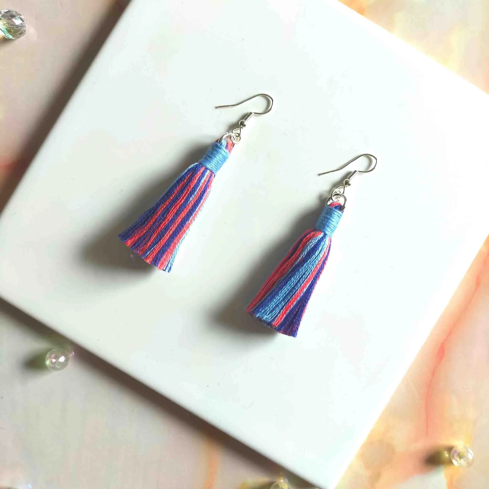 "Fallon Mini" Sky Blue Coral Mix Tassel Earrings Silver Plated