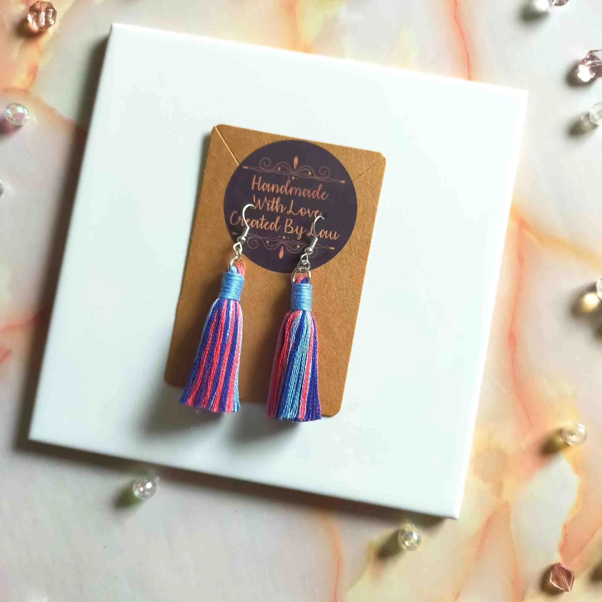 "Fallon Mini" Sky Blue Coral Mix Tassel Earrings Silver Plated