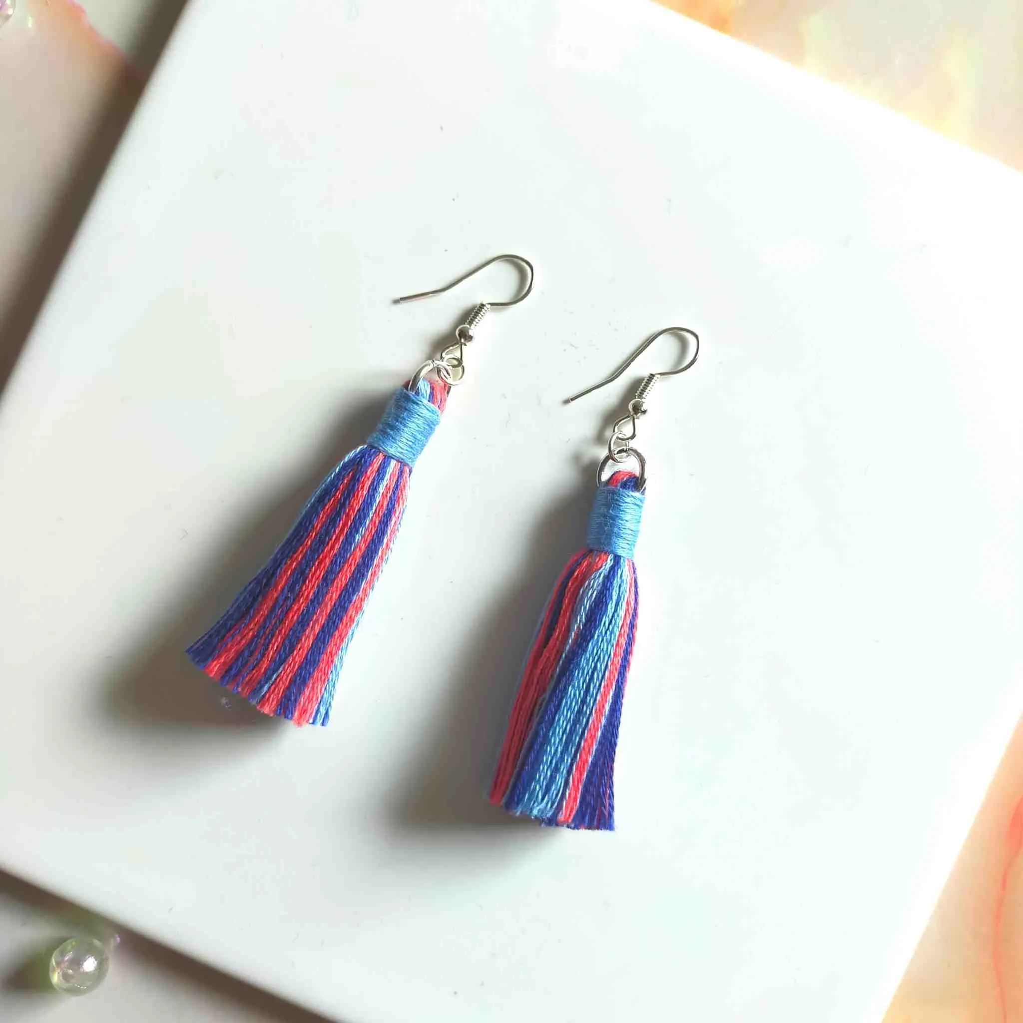 "Fallon Mini" Sky Blue Coral Mix Tassel Earrings Silver Plated