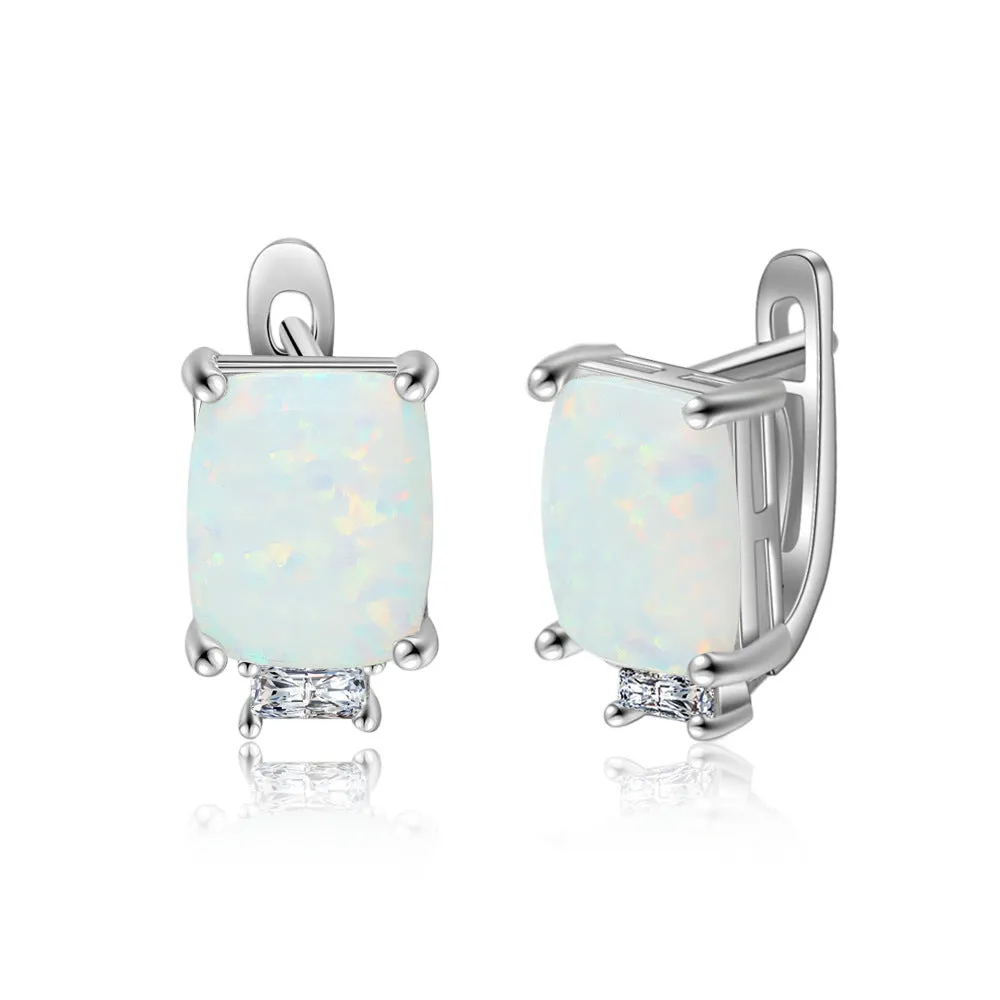 Rectangle Opal with Small Baguette Cut Zircon Sterling Silver Earrings