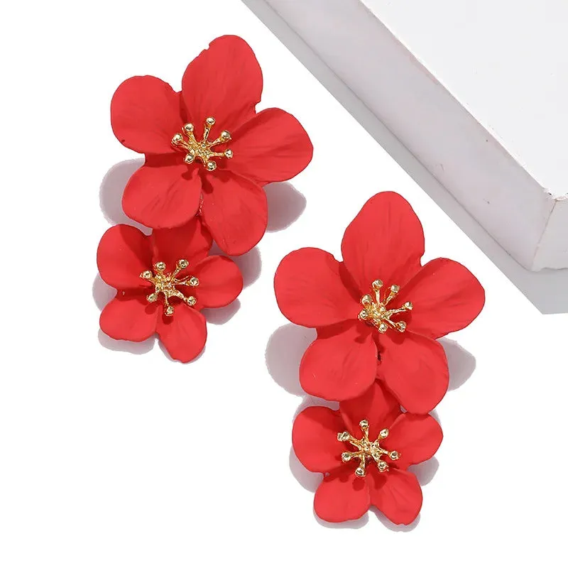 Red Color Hang Earrings for Women Summer Korean Flower Heart Leaf Metal Ear Wedding Party Jewelry Valentine's Day Girl Gift