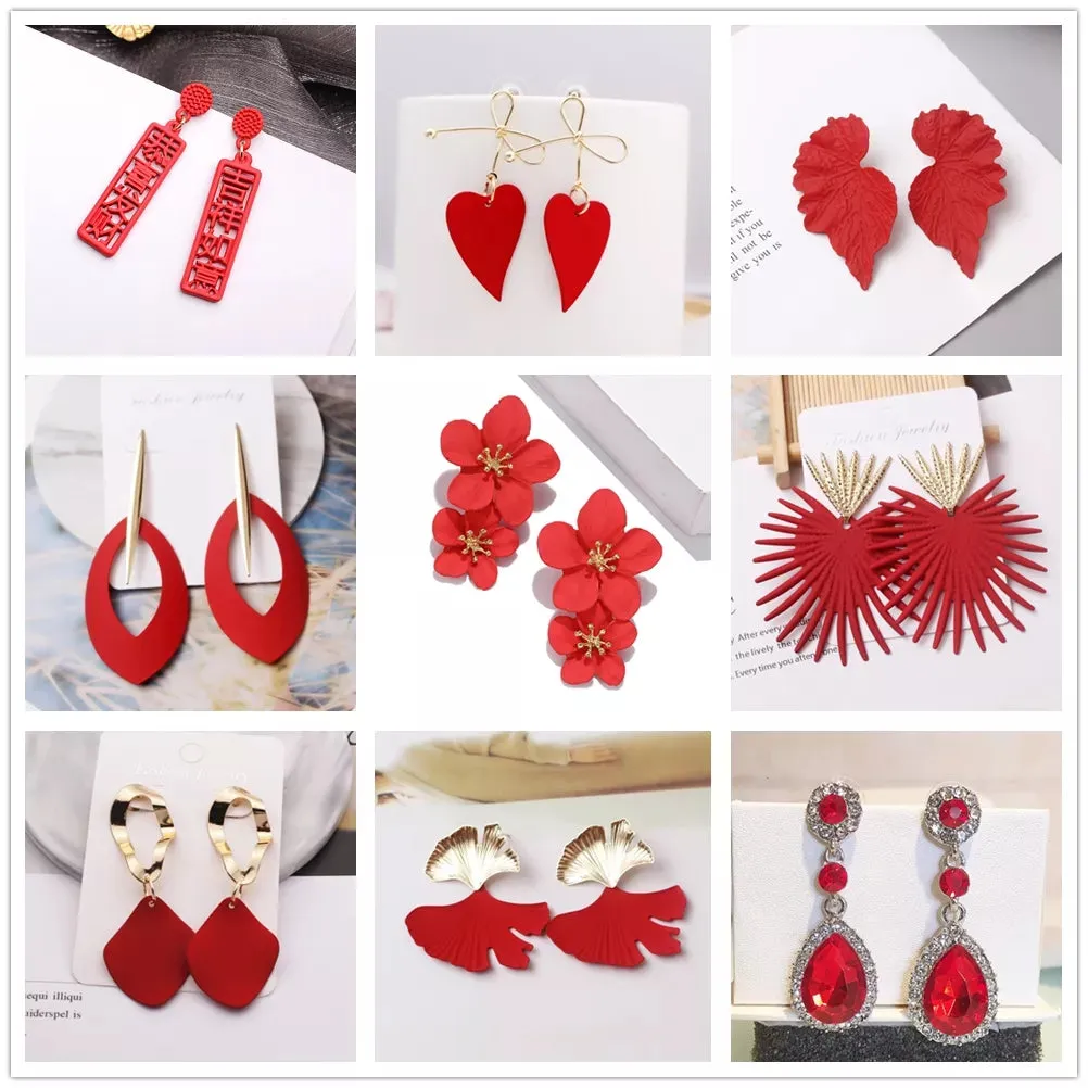 Red Color Hang Earrings for Women Summer Korean Flower Heart Leaf Metal Ear Wedding Party Jewelry Valentine's Day Girl Gift