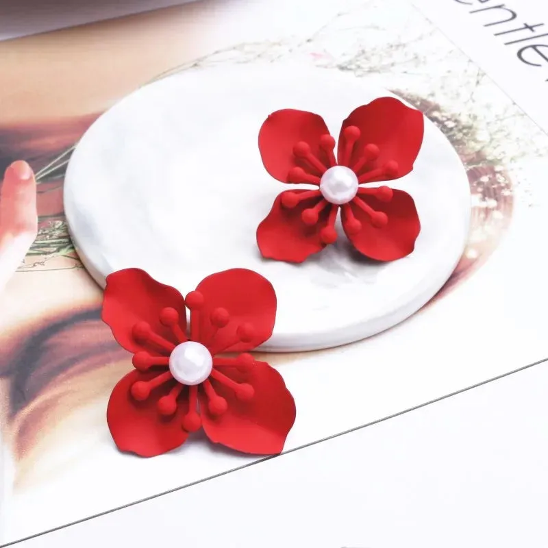 Red Color Hang Earrings for Women Summer Korean Flower Heart Leaf Metal Ear Wedding Party Jewelry Valentine's Day Girl Gift