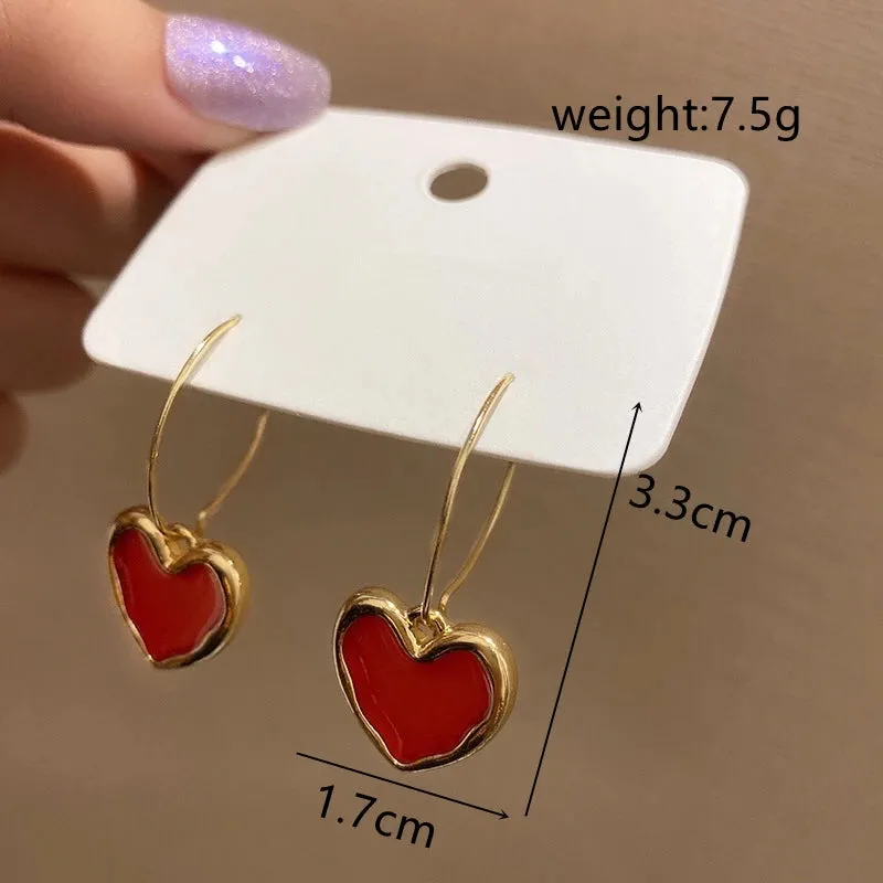 Red Color Hang Earrings for Women Summer Korean Flower Heart Leaf Metal Ear Wedding Party Jewelry Valentine's Day Girl Gift