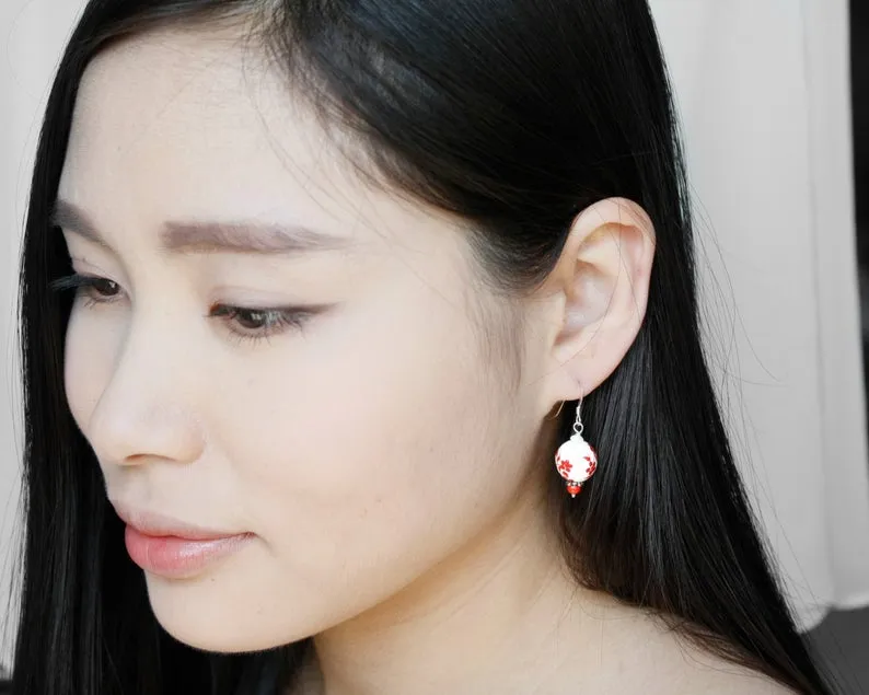 Red Plum Blossom Porcelain Earrings