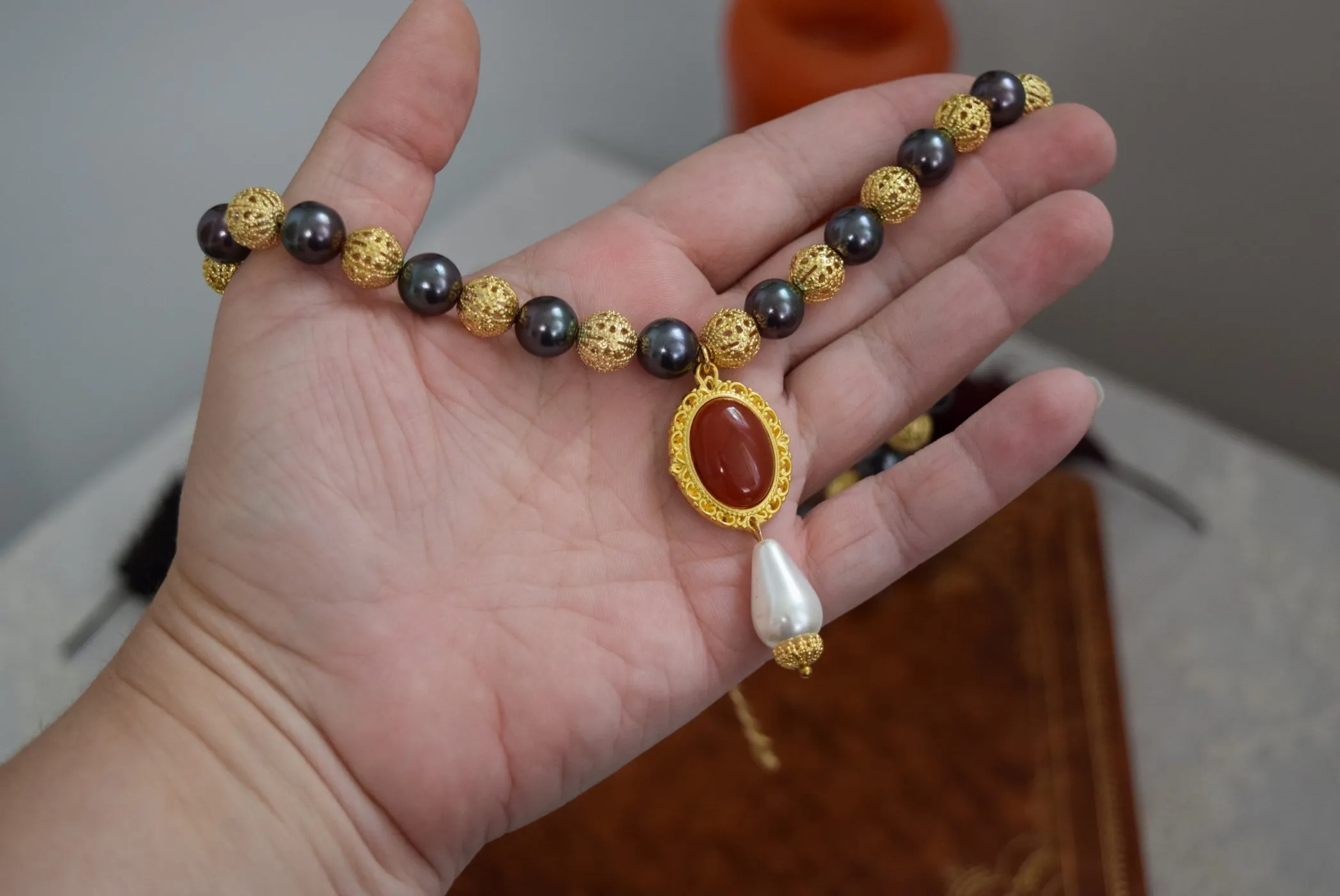 Renaissance Filigree, Black Pearl, and Carnelian Necklace