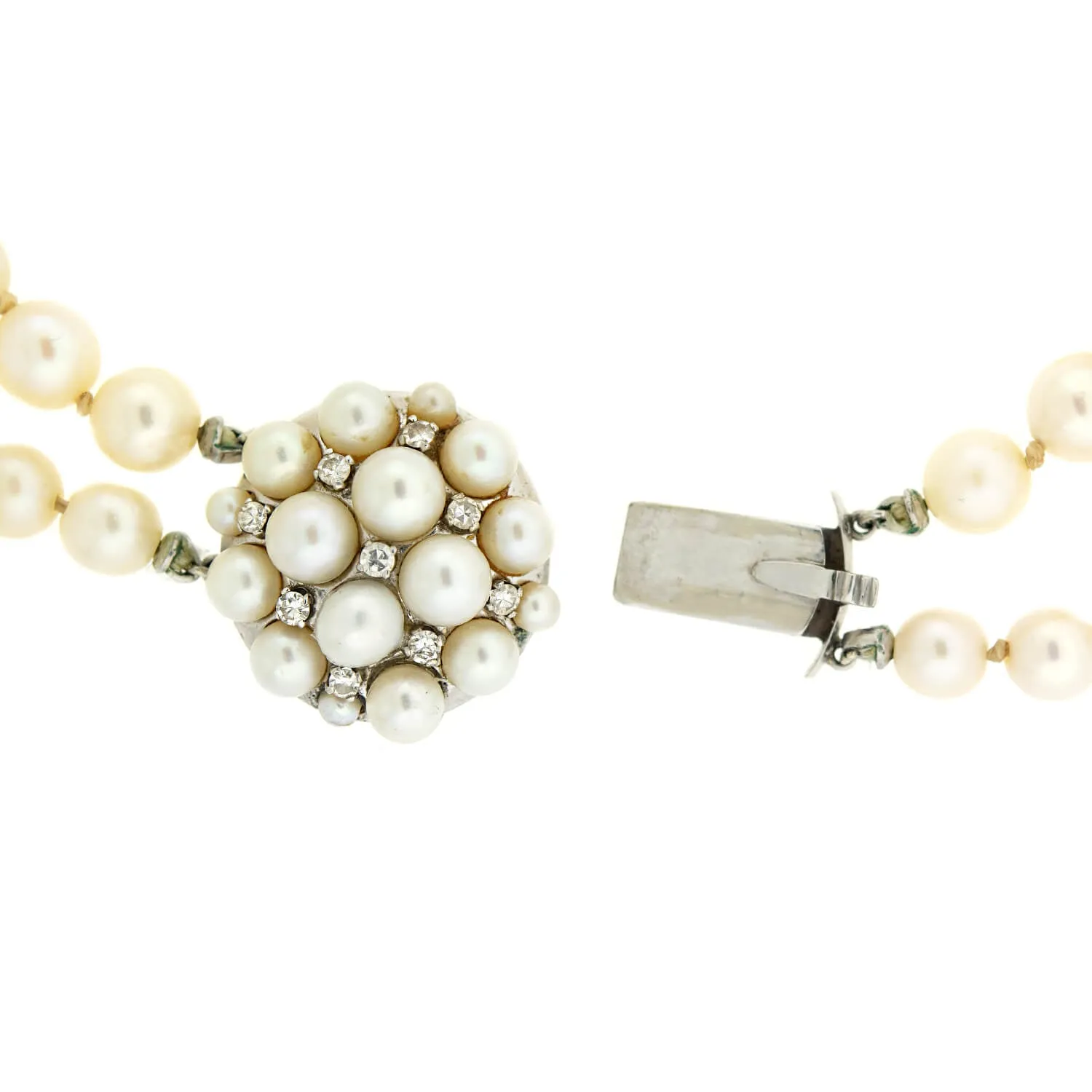 Retro Double Strand Pearl Necklace & 14k Diamond Clasp