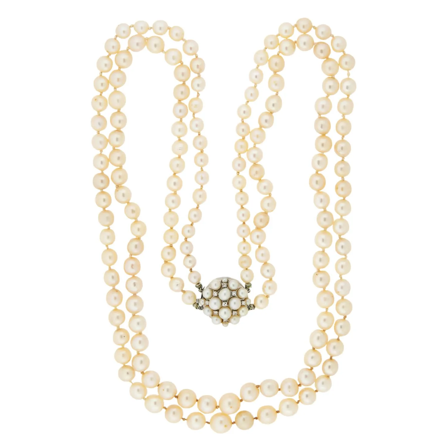 Retro Double Strand Pearl Necklace & 14k Diamond Clasp