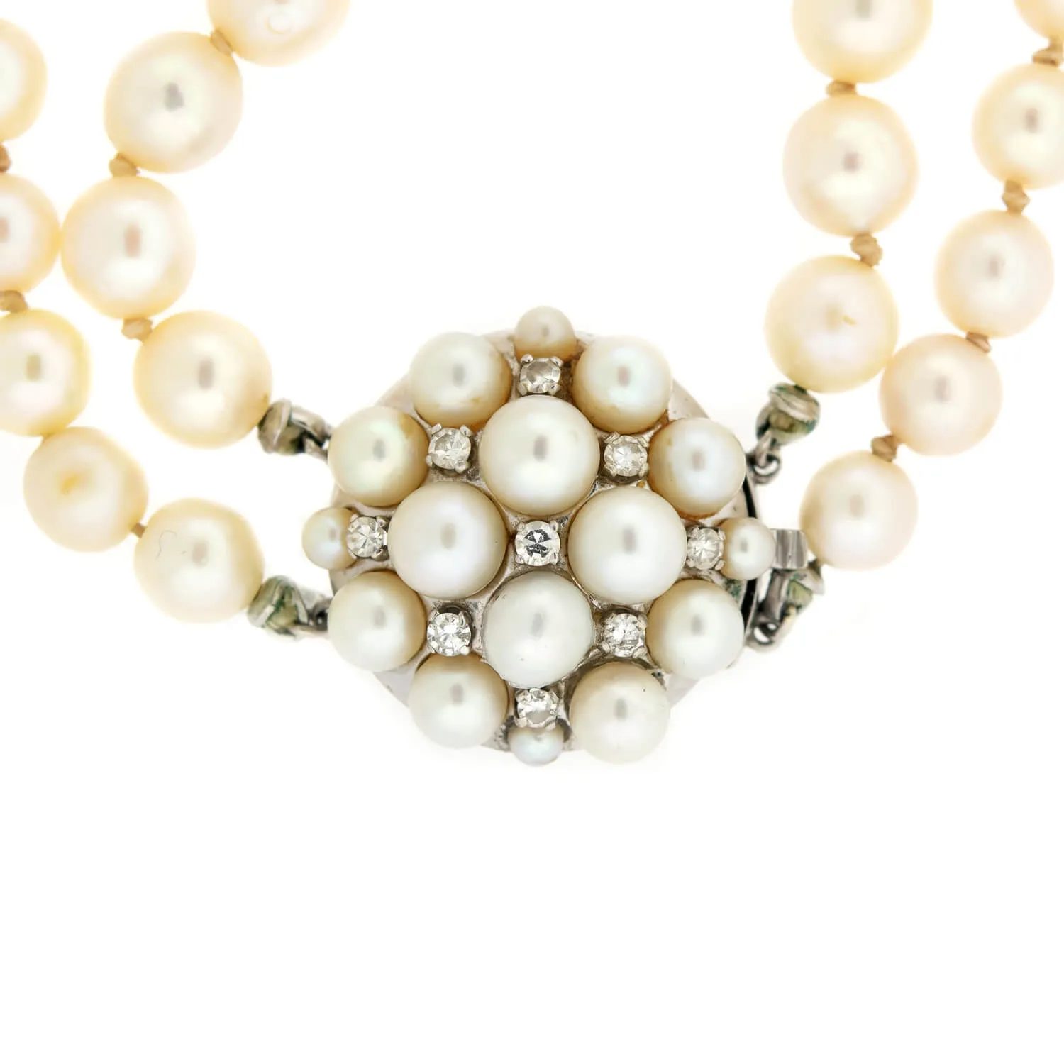 Retro Double Strand Pearl Necklace & 14k Diamond Clasp