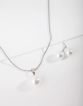 Rhodium Large Pearl Stud Necklace Earrings Set