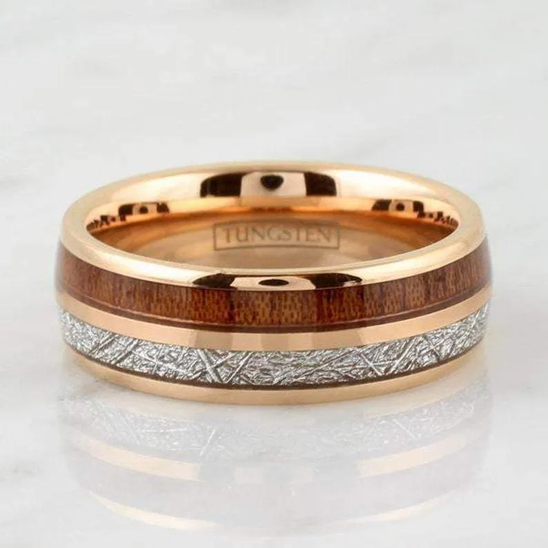 Rose Gold Inlaid Tungsten Ring with Genuine Koa Wood and Meteorite  6mm & 8mm