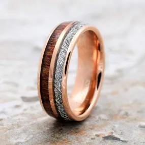 Rose Gold Inlaid Tungsten Ring with Genuine Koa Wood and Meteorite  6mm & 8mm