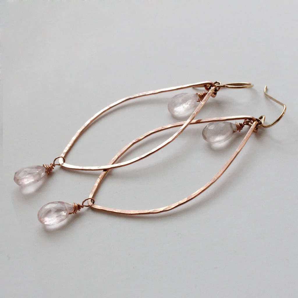 Rose Gold Leaf Gemstone Earrings - Rose Quartz