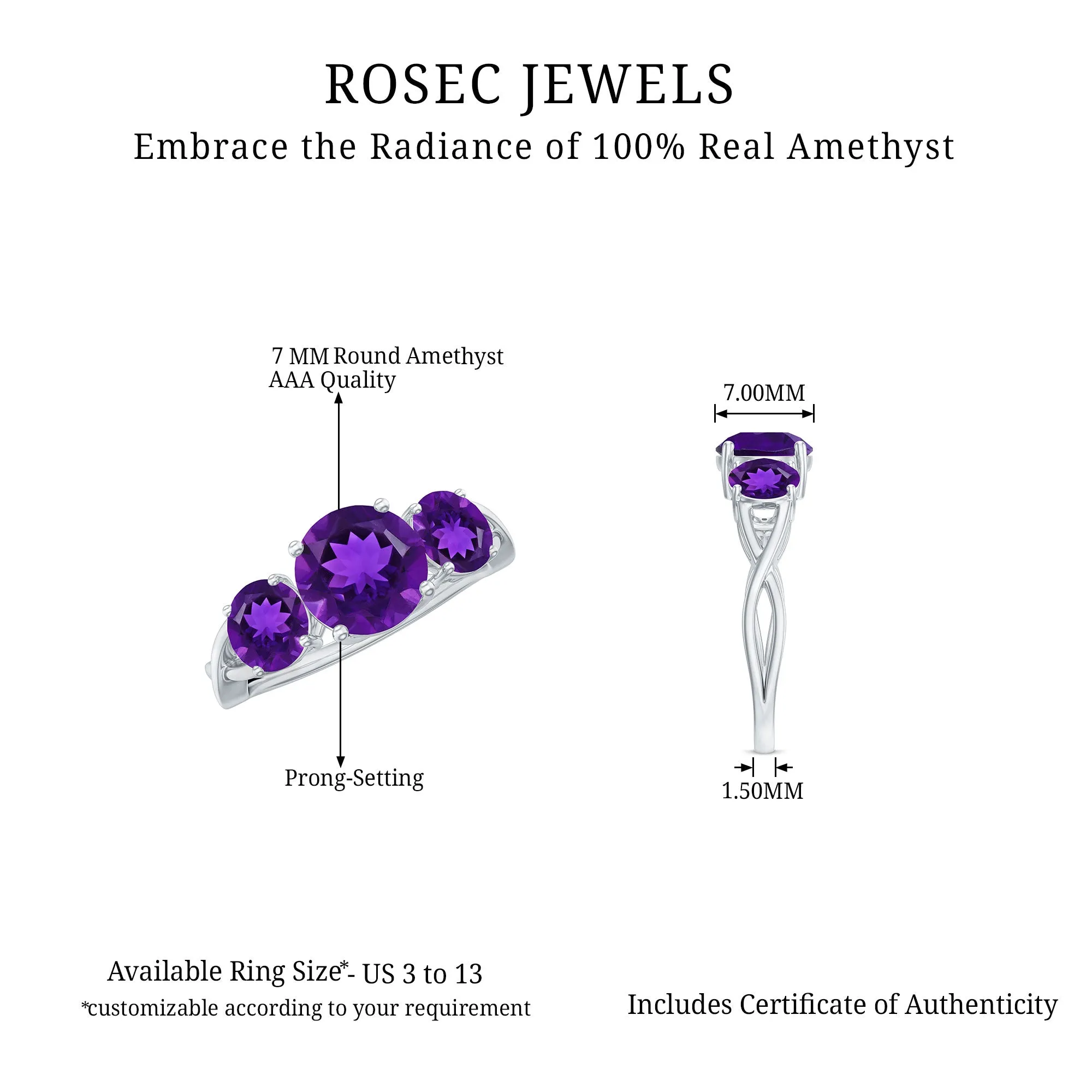 Round Amethyst Three Stone Crossover Ring